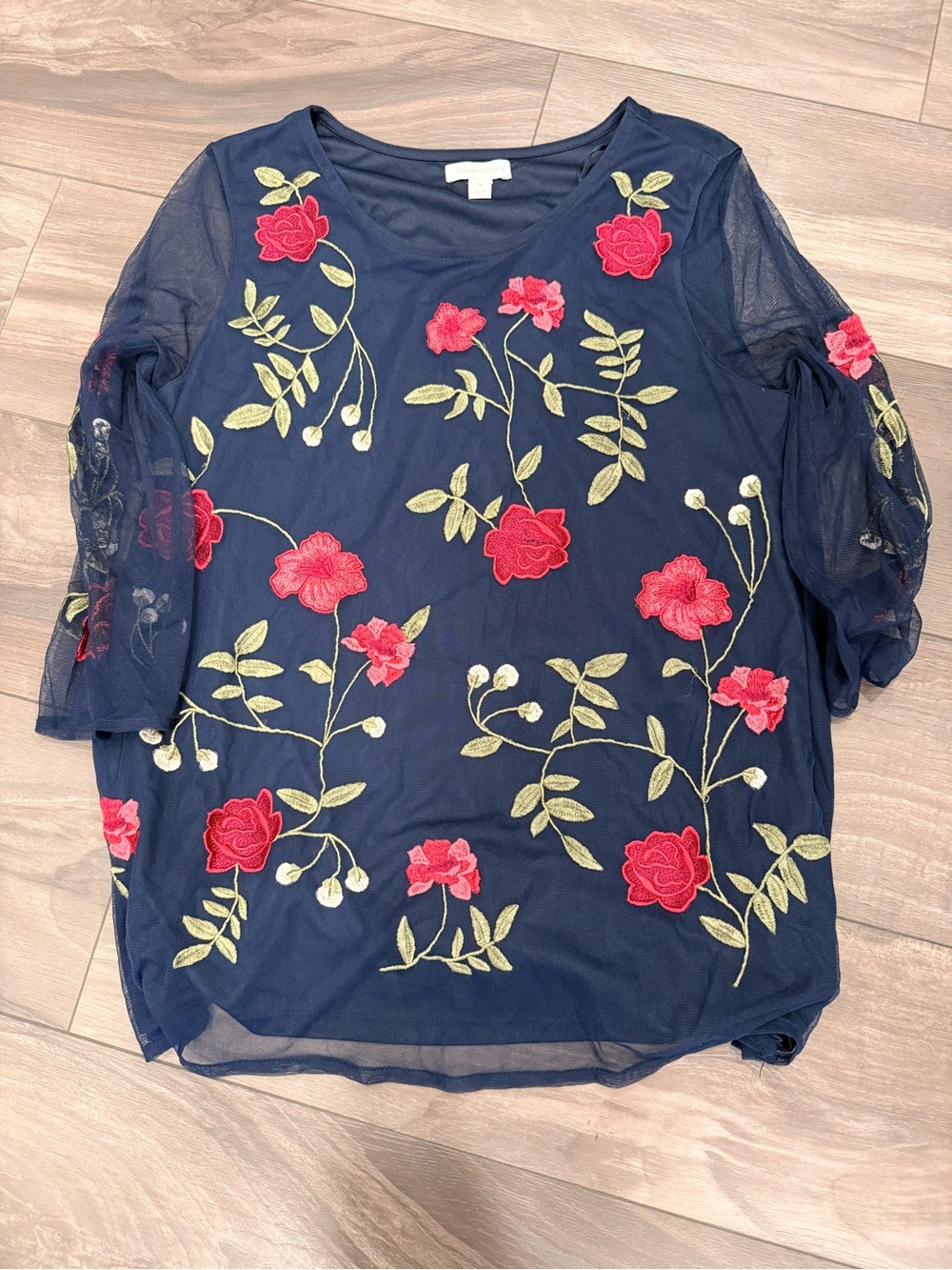 Charter Club Navy Mesh Blouse with Red Rose Embroidery